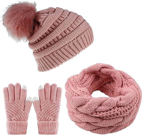 Czapka z dzianiny, czapka zimowa, szalik, zestaw beanie, dzianina polarowa, pompon, rękawiczki