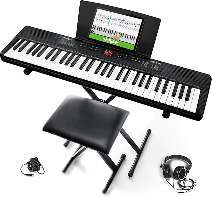 Alesis Melody 61 Pianino dla Początkujących z 61 Klawiszy, Głośniki, Stojak, Ława, Słuchawki, Podpórka pod nuty/tablet, 300 Brzmień