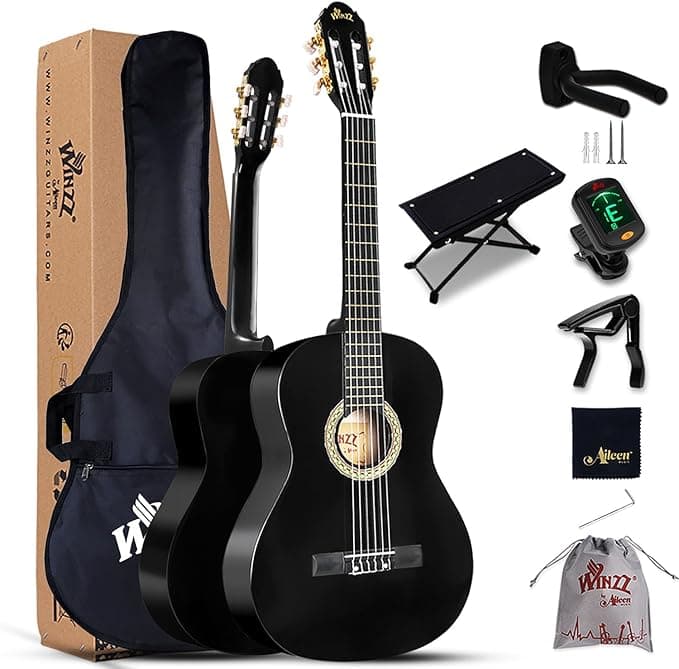 Winzz Pełnowymiarowa gitara klasyczna 4/4 dla dorosłych, nastolatków, studentów, początkujących, ze strunami nylonowymi